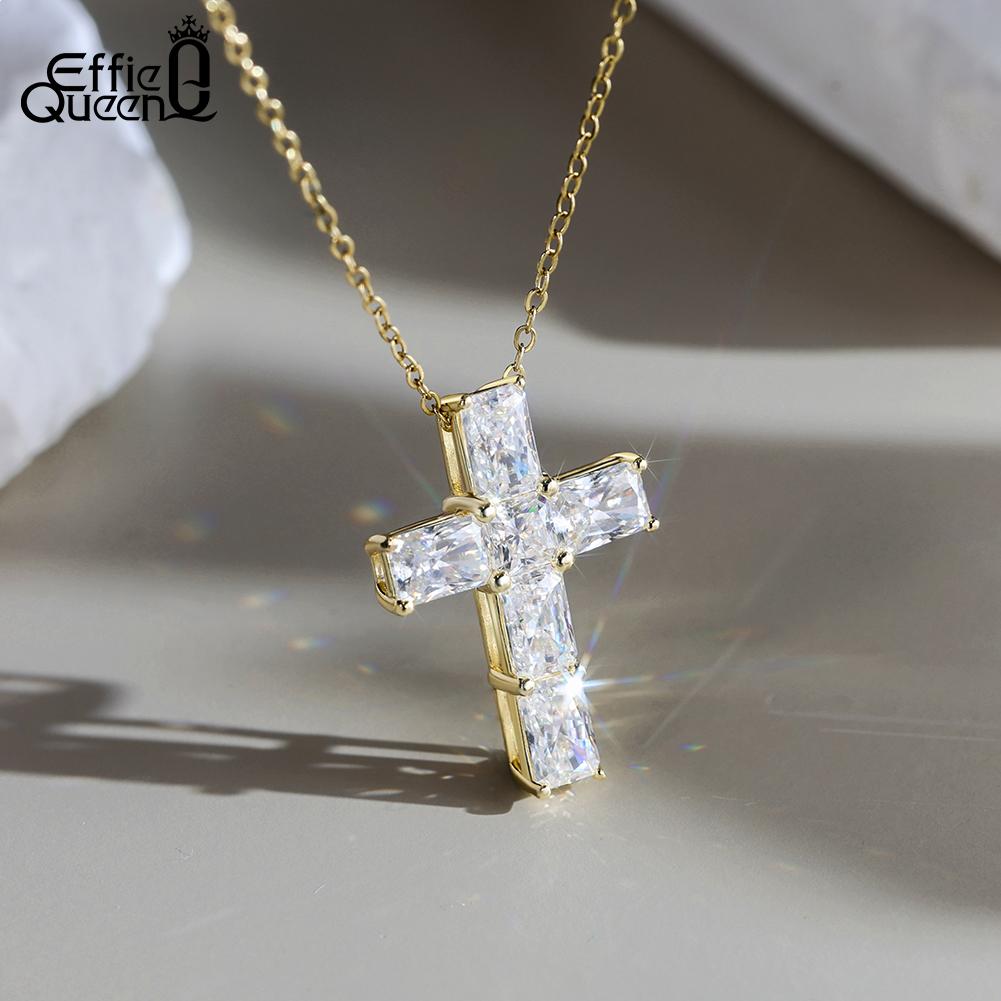 EFFIE QUEEN Moissanite Cross Necklace GRA Certified S925 Silver Jesus Pendant Neck Chain Engagement Bridal Fine Jewely SMON12