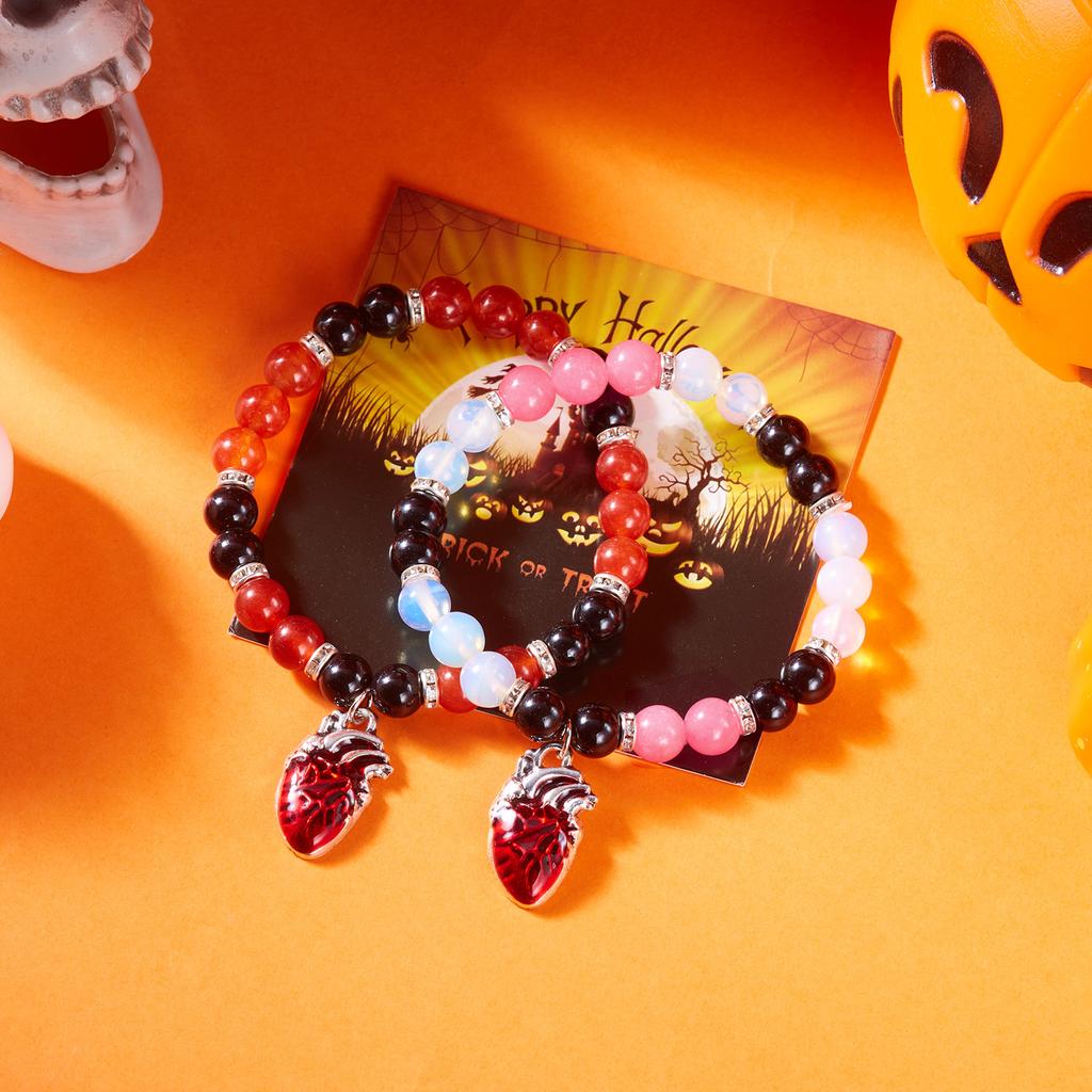 Halloween Ghost Pumpkin Pendant Couple Bracelets for Women Men Handmade Elastic Beaded Witch Anatomy Heart Bracelet Jewelry
