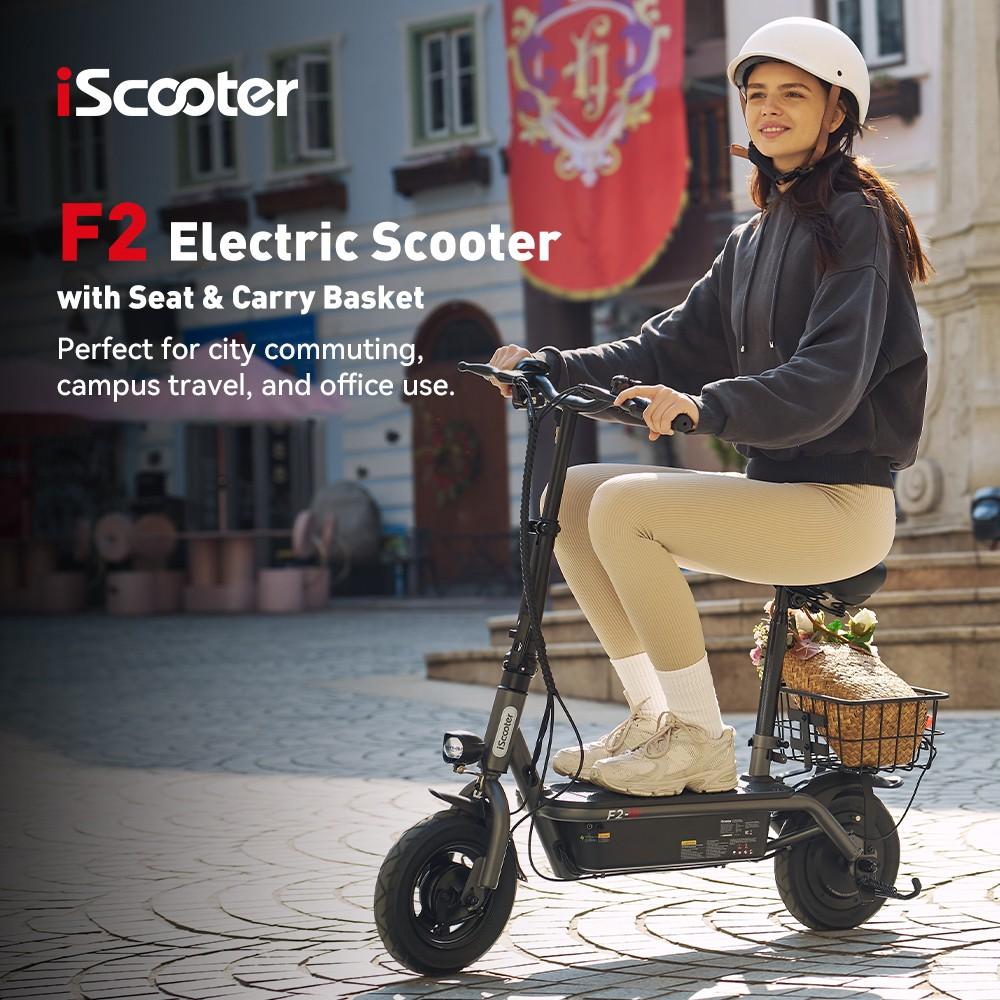 iScooter F2 Electric Scooter with Seat & Rear Basket, 500W Motor, 36V 7.8Ah Battery, 10 inch Tires, 30km/h Max Speed, 30km Range