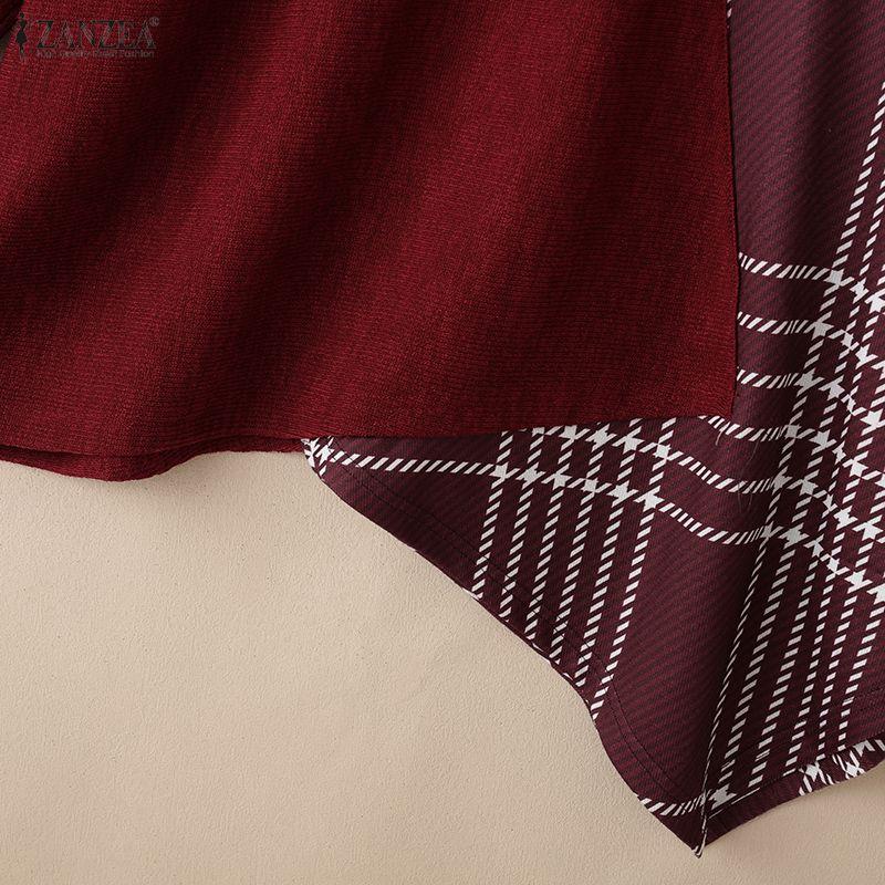 ZANZEA Women Stand Collar Long Sleeve Plaid Print Patchwork Irregular Pullover Tops