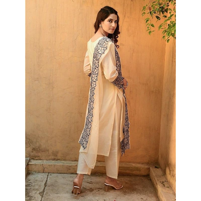 GoSriKi Women s Cotton Blend Straight Embroidery Kurta with Pant & Dupatta (TRP Off-White-GS_5XL_White_XXXXX-Large) 5XL белый