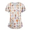 Plus Size Printed Scrub Working Uniform Tops For Women's Cross V-Neck Halloween Print Short Sleeve Fun T-Shirts Workwear Tee With Pockets