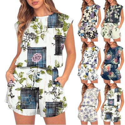 Women's Jumpsuit Floral Print Spring Summer Cap Sleeves Adjustable Drawstring Waist Comfortable Casual Short Jumpsuit With Pockets