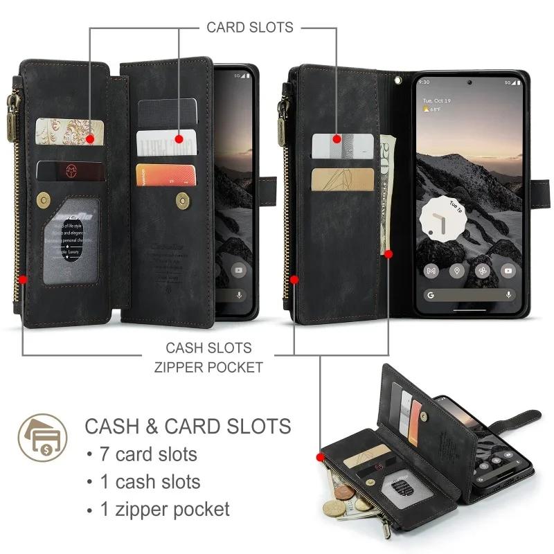 Zipper Leather Flip Phone Case for Google Pixel 10 9 Pro XL 9A 8 8A 7A 5G Pixel10 Pixel9A Wallet Lanyard Card Purse Cover Etui