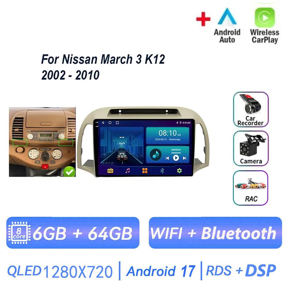 Pour Nissan March 3 K12 2002 - 2010 Autoradio Android 17 Carplay Auto Lecteur Multimédia Écran Navigation 4G GPS 2 Din
