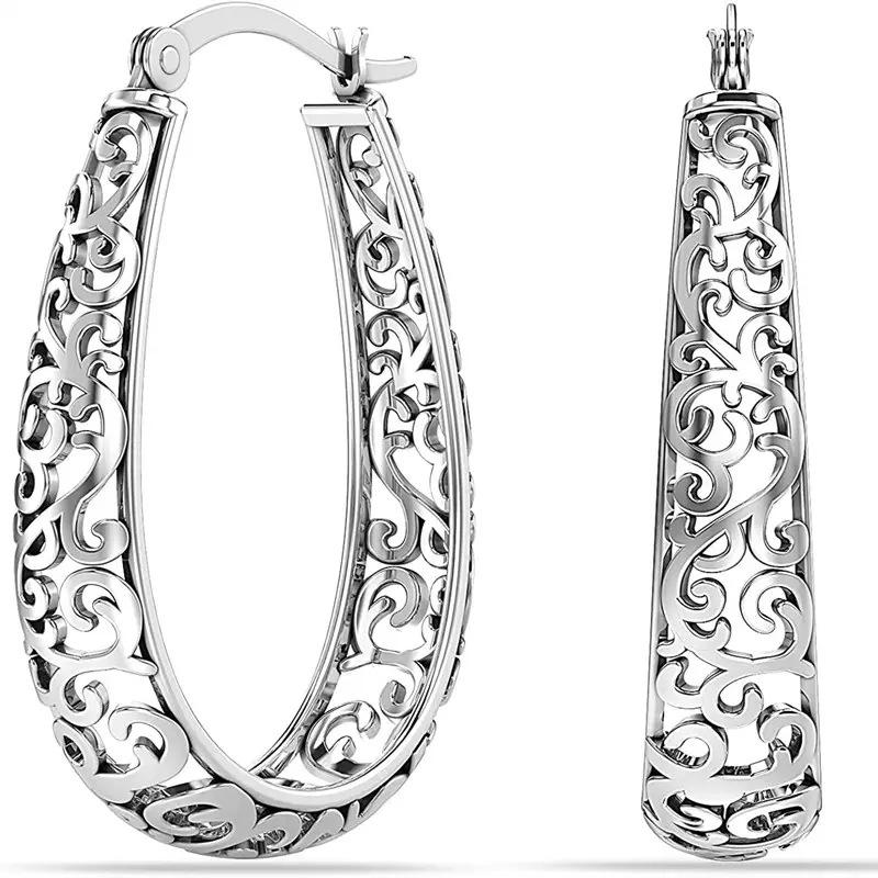 Vintage Hollow Scroll Filigree Oval Hoop Earrings Click Top Openwork Dangle Hoops For Women Daily Bohemian Jewelry