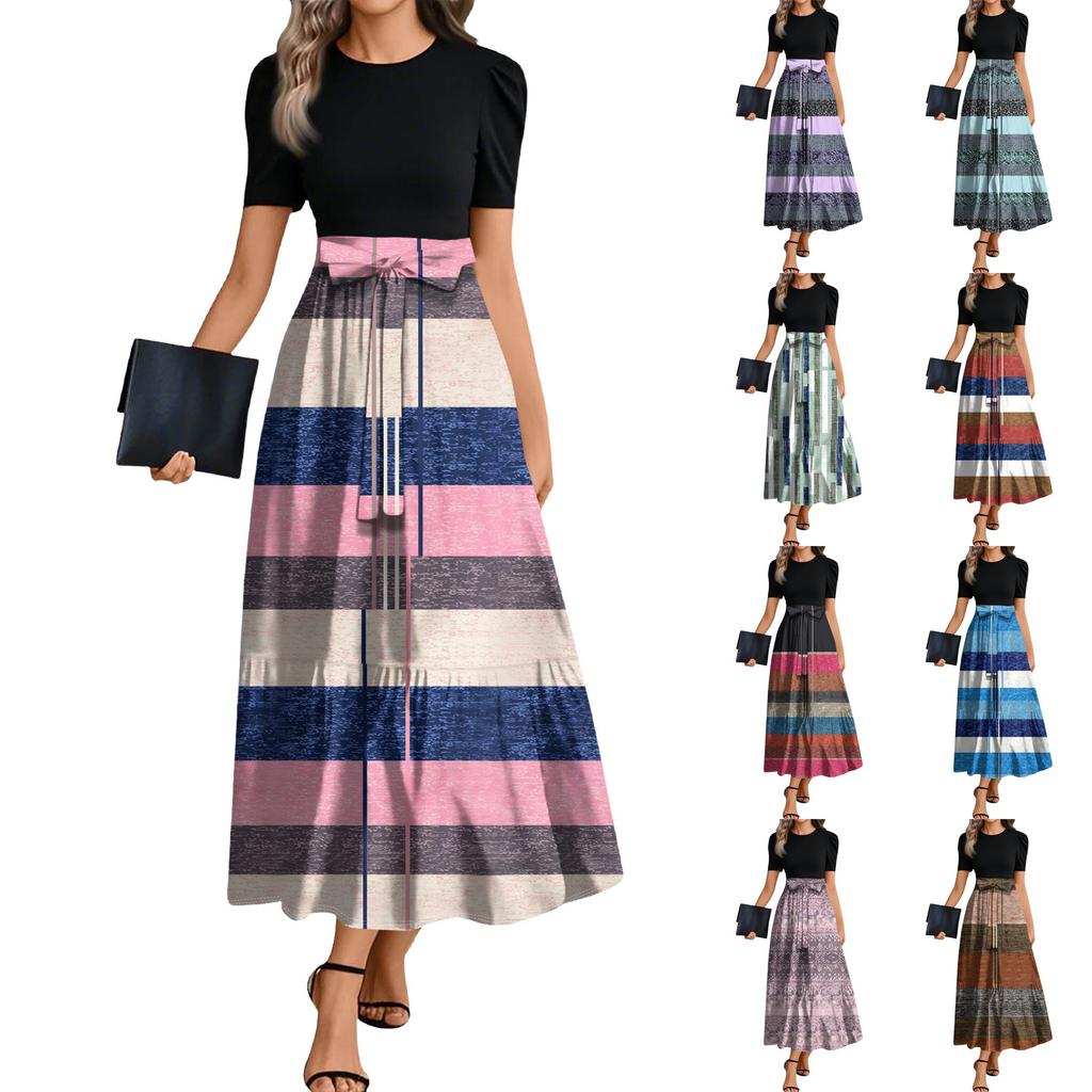 Women Fashion Casual Belt Short Sleeve Round Neck Striped Print Splicing Elegant Temperament Dress