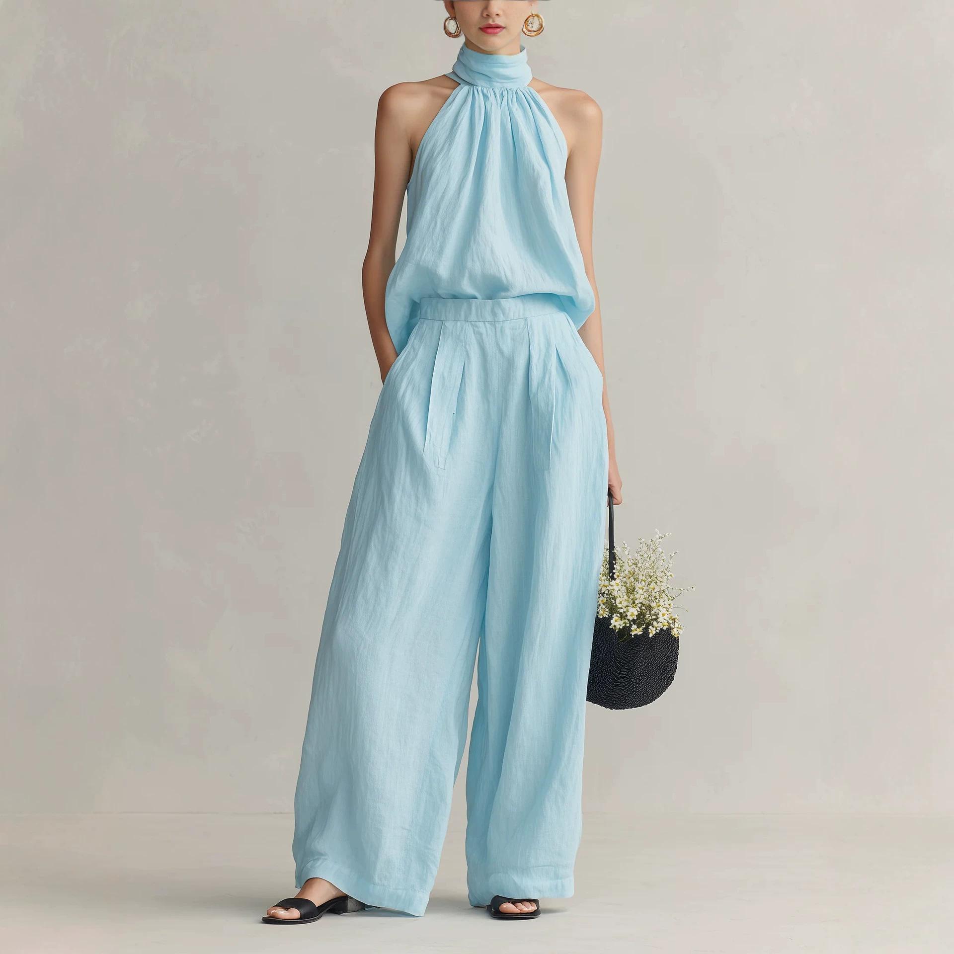 European and American spring and summer women s clothing temperament round neck sleeveless top pants set S
