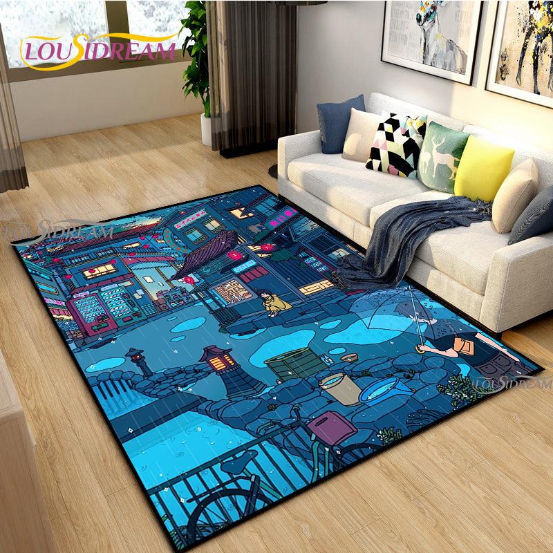 Japanese Anime Night Scene Rugs Child Game Floor Mat Alfombra Cartoon Carpets Modern Home Living Room Decor Washable Floor Rug