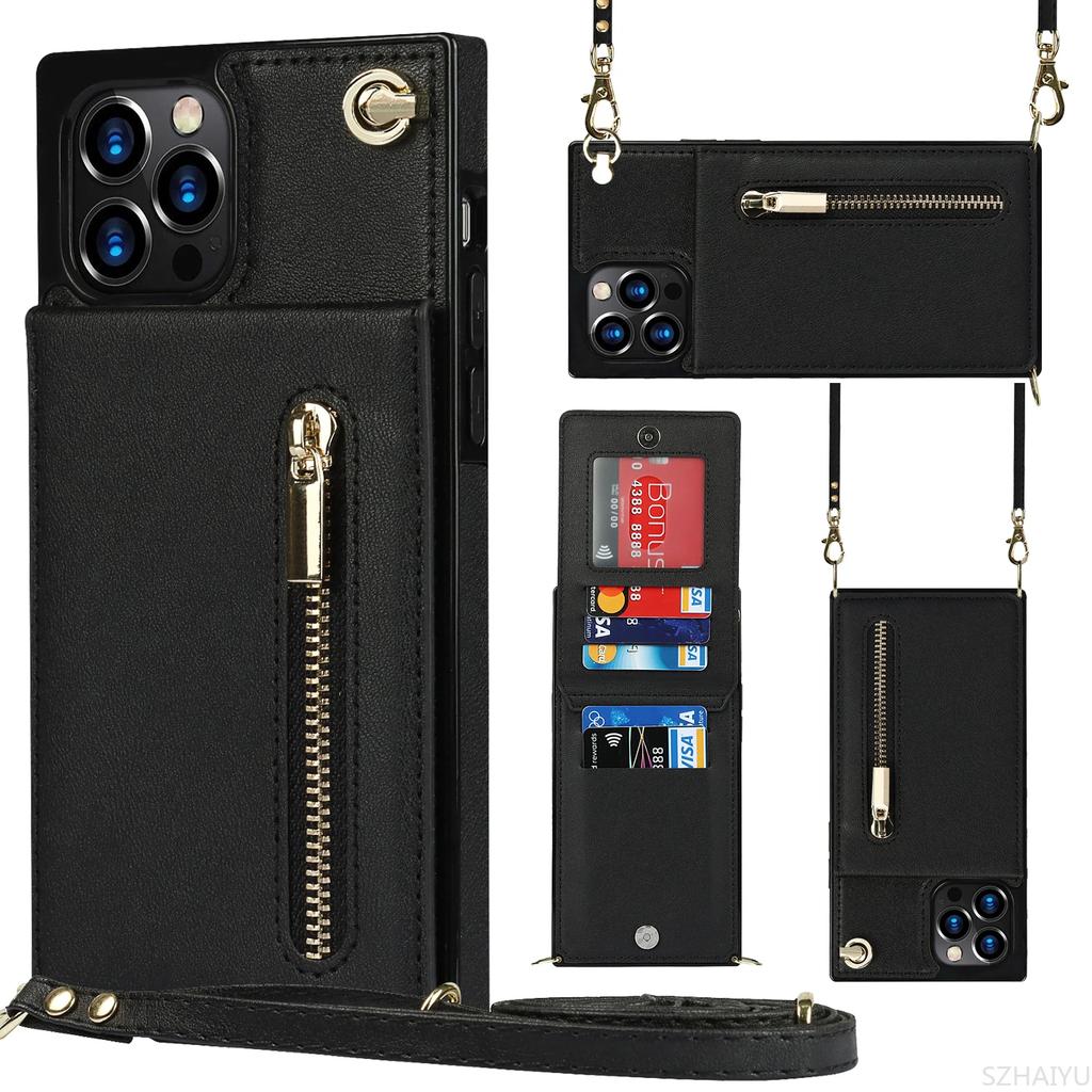 Crossbody Zipper Wallet for IPhone 16 16E 15 14 13 12 11 XR XS Pro Max Plus Case with Card Holder Lanyard Strap Leather Cover