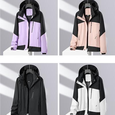 Waterproof  Hiking Jackets Women's Fashion Color Block Top Casual Sports Windproof and Hooded Jacket