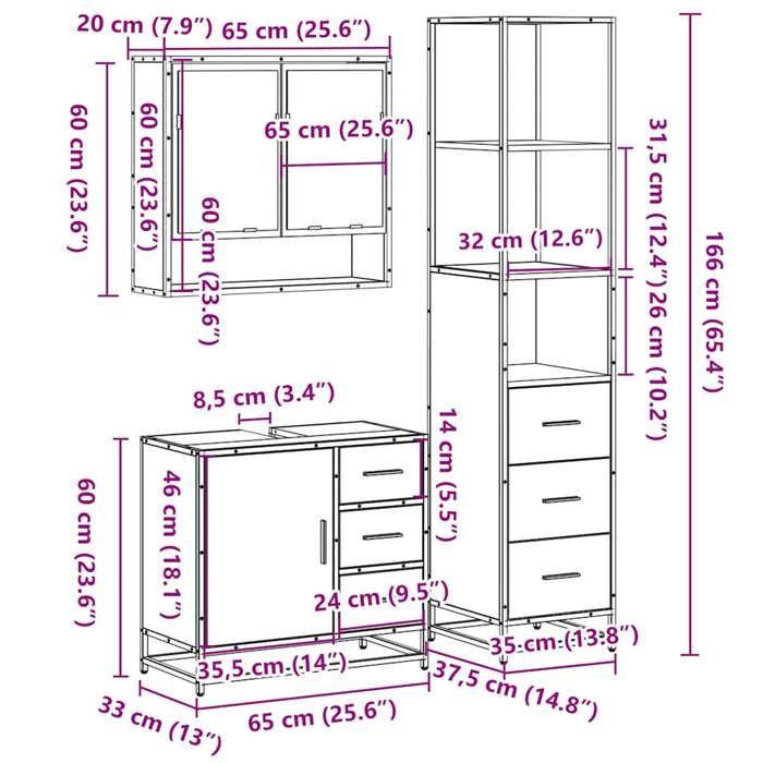 VidaXL Ensemble de meubles de salle de bain 3 pcs Sonoma gris, armoire de rangement, armoire de bain, meuble de toilette 3301168