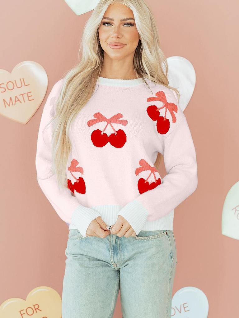2025 Winter Women's Sweet Style Printed Knit Pullover - Warm Long Sleeve Raglan Sweater