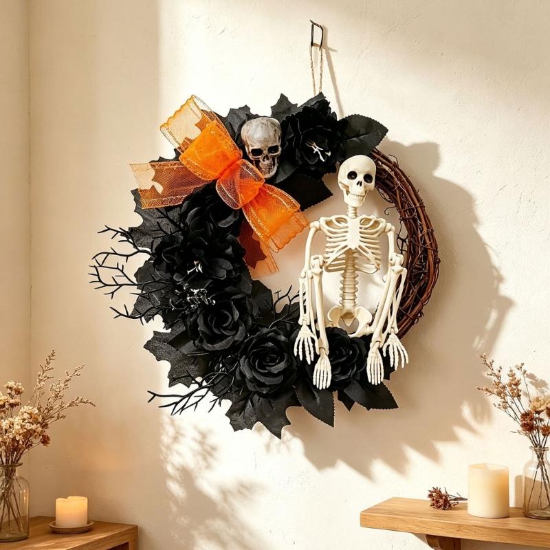 Bone-Themed Halloween Wreath Accent for Wall Presentation and Entryway Styling, Seasonal Piece for Party Scene, Entry Door, and Indoor Display