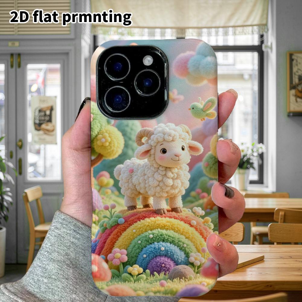 Phone case: 2D flat, suitable for iPhone 18, 17, 16, 15, 14, 13, 12 Pro protective case, rainbow hillside little sheep, perfect Christmas and Hallowee