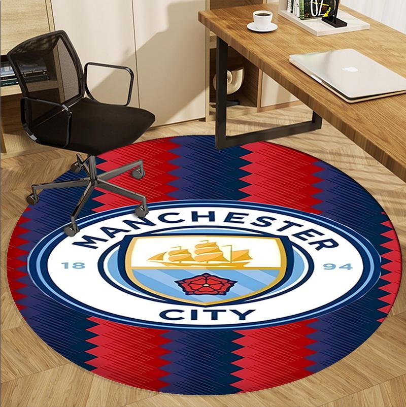 Manchester City FC Pattern Round Rug, Indoor/Outdoor Mat, for Picnic, Gameroom, Bedroom, Office, Living Room, Home Decor Carpet, Birthday Gift