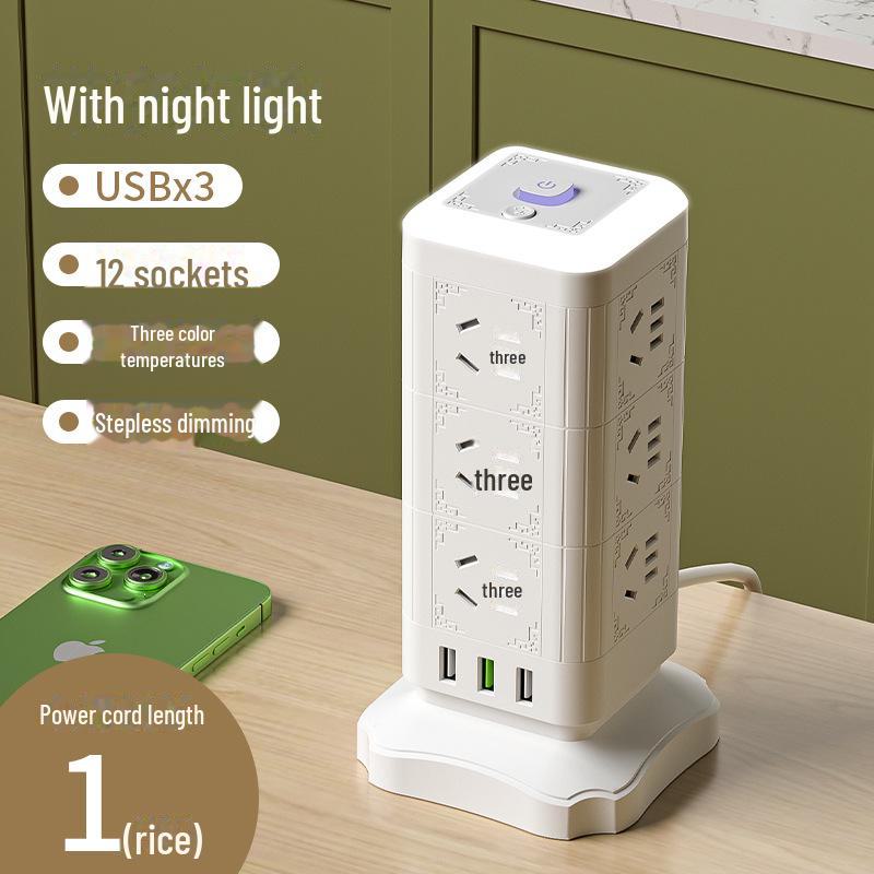 Multi-function Tower Power Strip with USB, Overload Protection, and Night Light