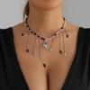 Fashionable Y2K Inspired Necklace Feature Black Beads Star Crucifix And Fringe Detail Clavicle Design For Trendy Women