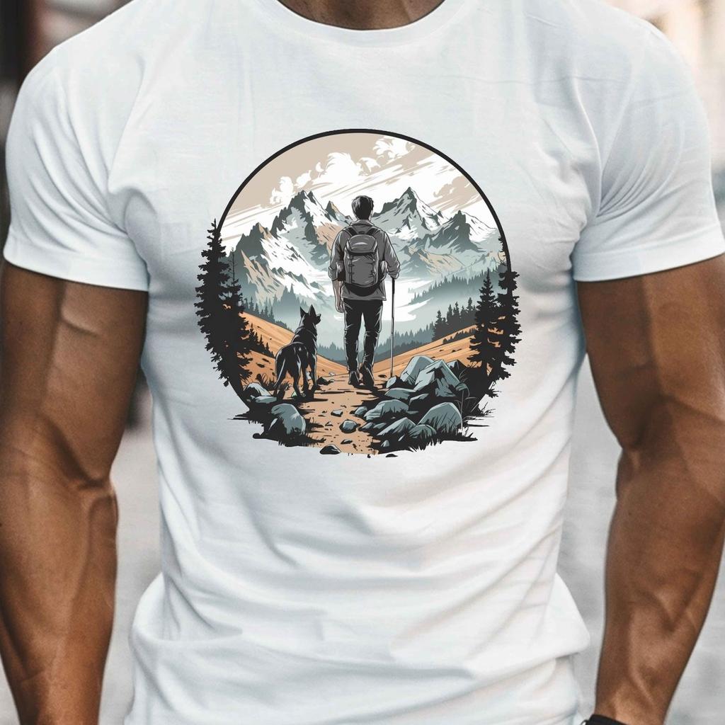 Men's Crew Neck T-Shirt with Mountain Hiker Dog Graphic Print Casual Summer Short Sleeve Tee Men Clothing