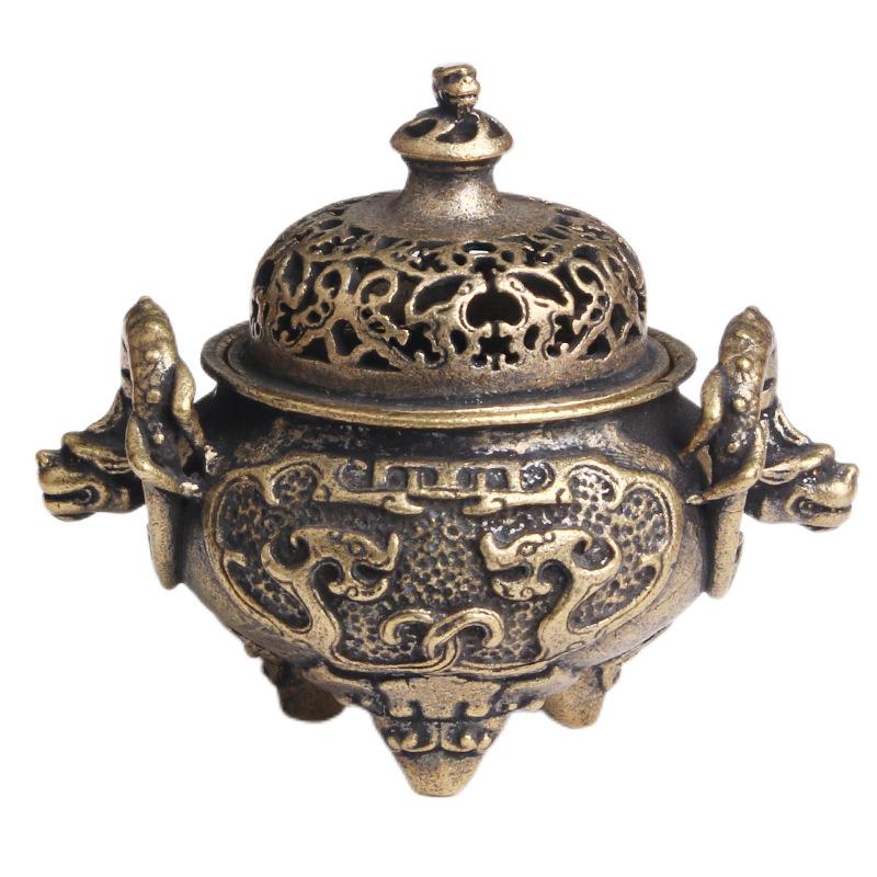 Brass Antique Style Chilong Sandalwood Incense Burner Home Decor Double Dragon Three-Legged Cauldron Feng Shui Ornament Wholesal