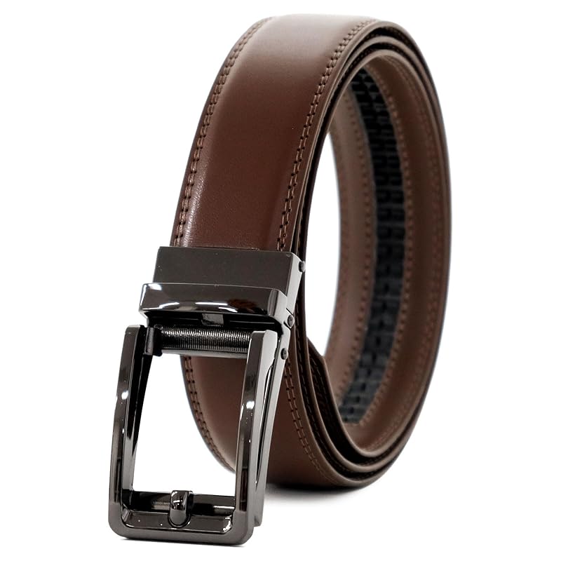 

[BEEL] veil belt men s cowhide auto lock belt leather gentleman No hole big size business suit casual Plain [Buckle type: Black nickel] dark brown