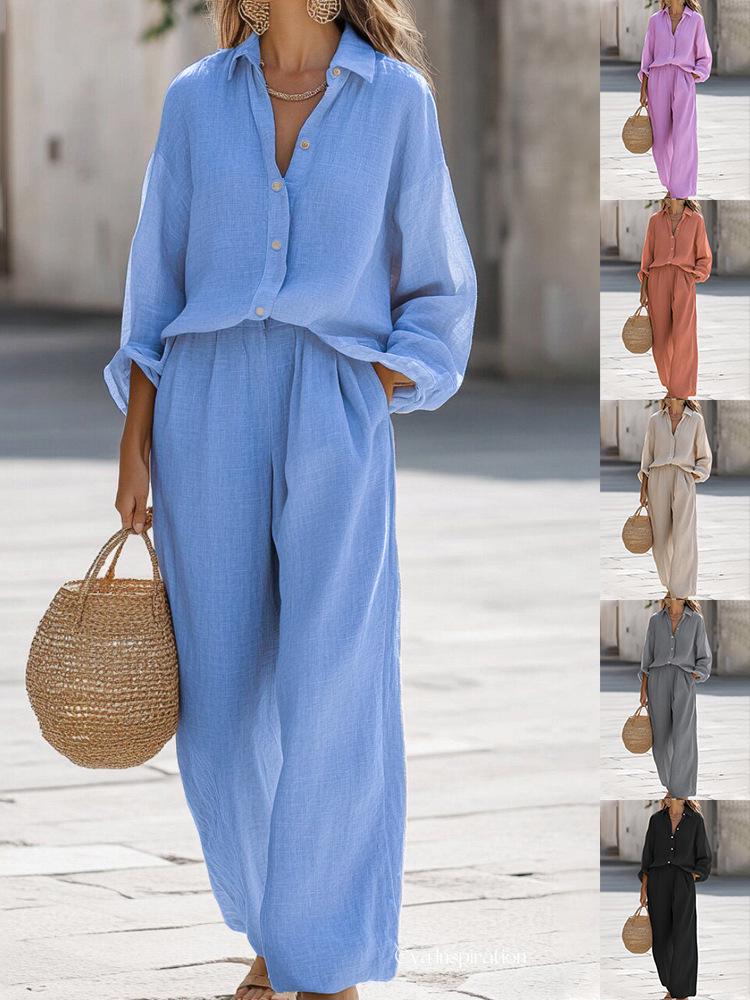 2025 Mehrfarbiges Damen Casual Revershemd & Lange Hose Baumwollset