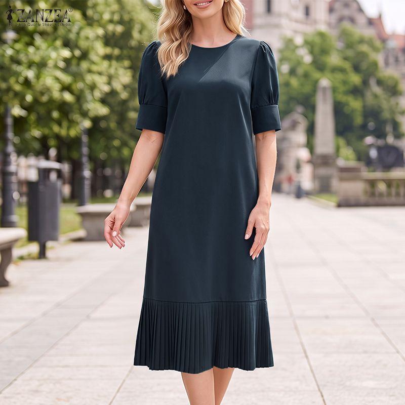 ZANZEA Women Casual Round Neck Solid Color Half Sleeve Dress
