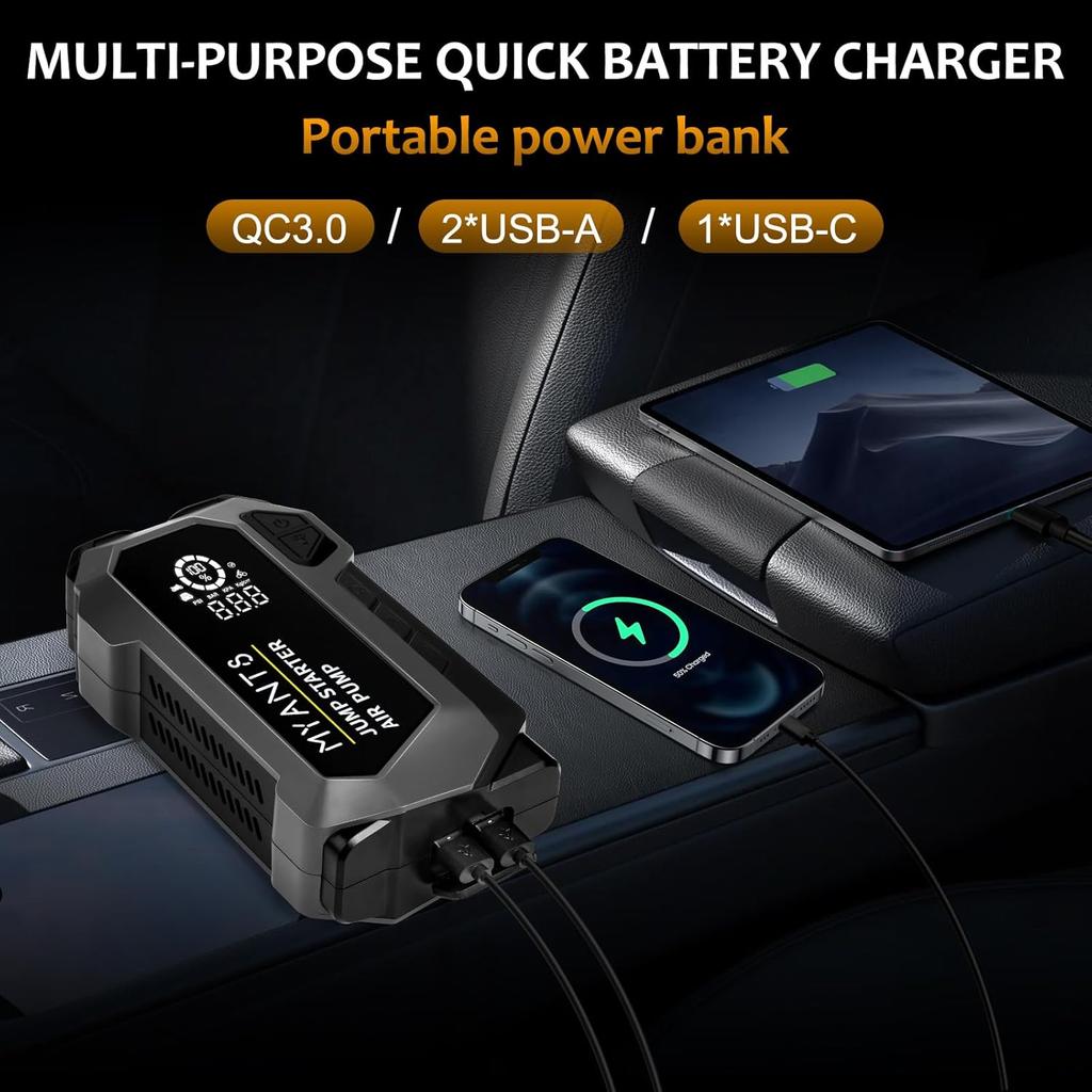 4000A Jump Starter with Air Compressor, 12V Portable Car Battery Charger, LED Light & Quick-Charge for Gas Engines up to 10L