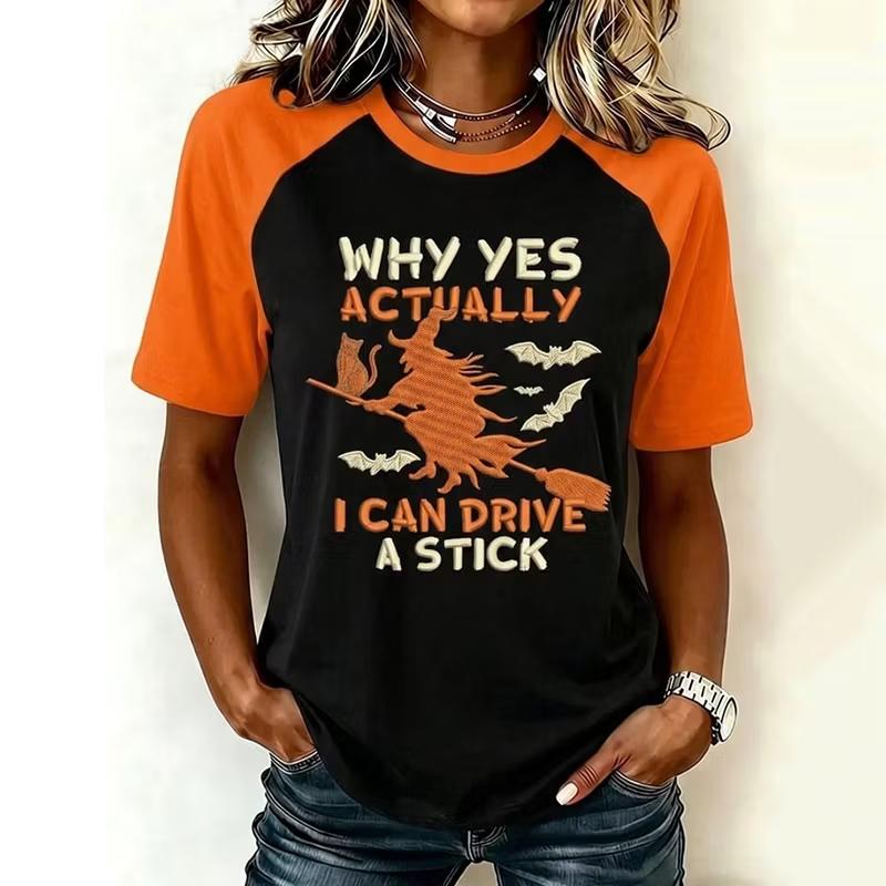 Women Halloween Witch Broom Graphic Raglan T‑Shirt Casual Short Sleeve Crew Neck Top Fall Festival Party Tee