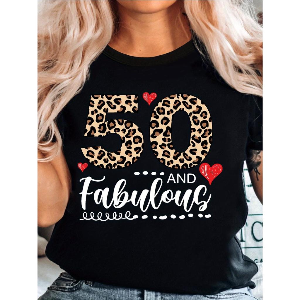 50Th Birthday Leopard Print Letter Graphic T-Shirt, Group T-Shirt for Birthday Party, Queen of 50Th Birthday
