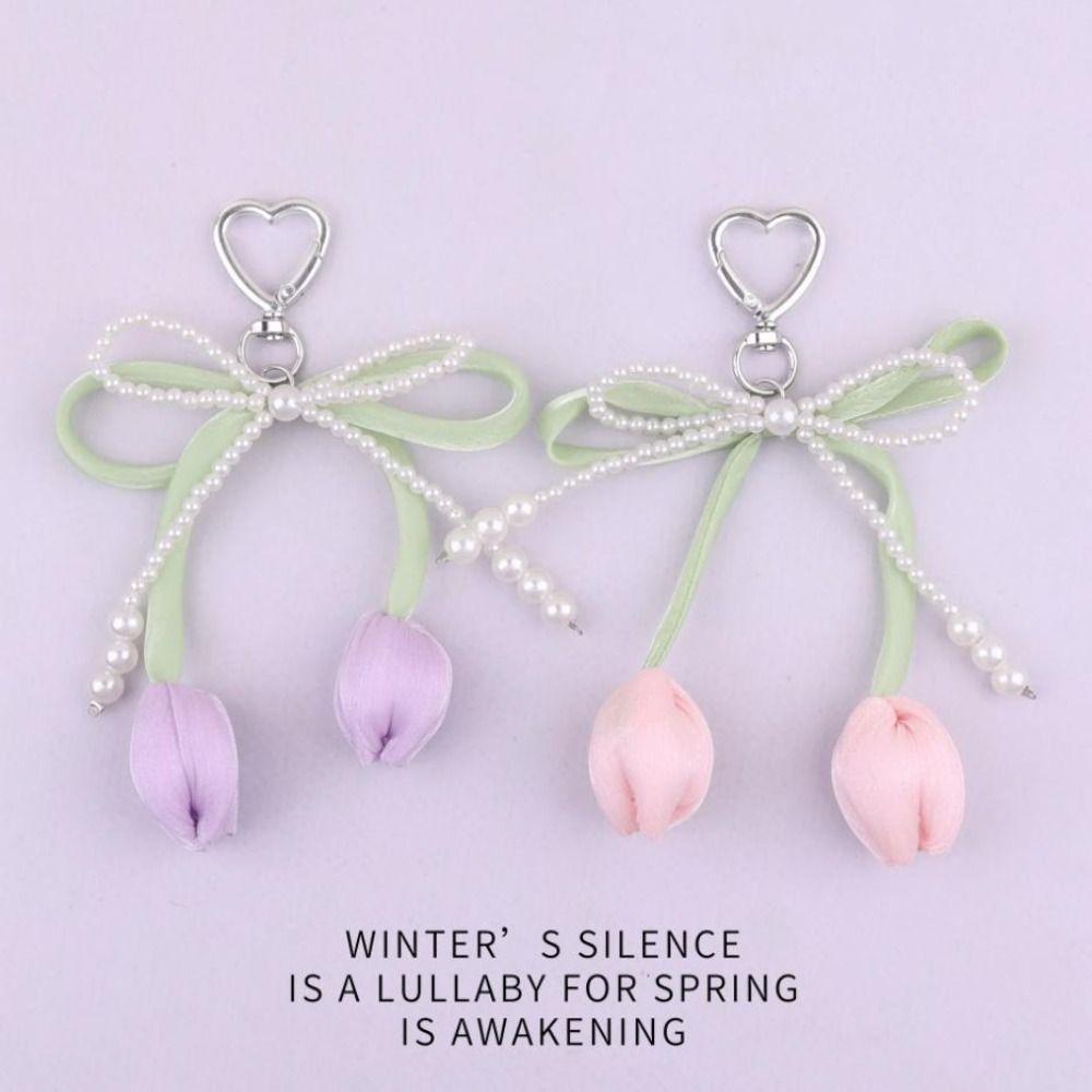 Handmade Tulip Pendant Cartoon Heart Bag Charm Trendy Pearl Tulip Keychain  Car Accessory