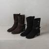 Krazing Pot Cow Suede Nubuck Winter Round Toe Modern Boots Med Heels Slip on Metal Rivets Women Mid-calf Boots