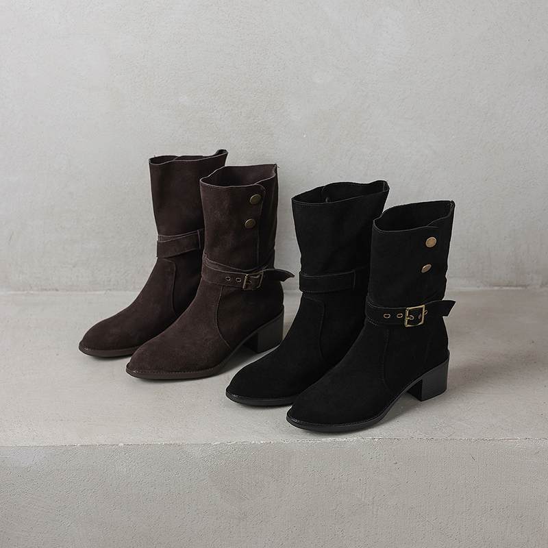 Krazing Pot Cow Suede Nubuck Winter Round Toe Modern Boots Med Heels Slip on Metal Rivets Women Mid-calf Boots