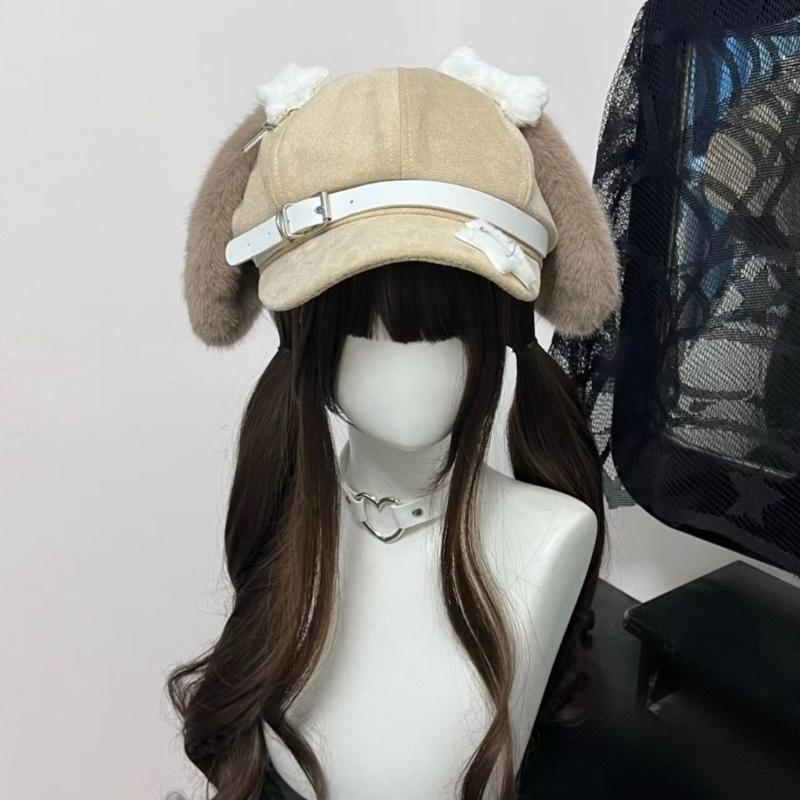 Handmade Berets Lovely Rabbit Painter Hat for Girls Furry Ear Cabbie Hat for Outdoor Leisure Casual Wear