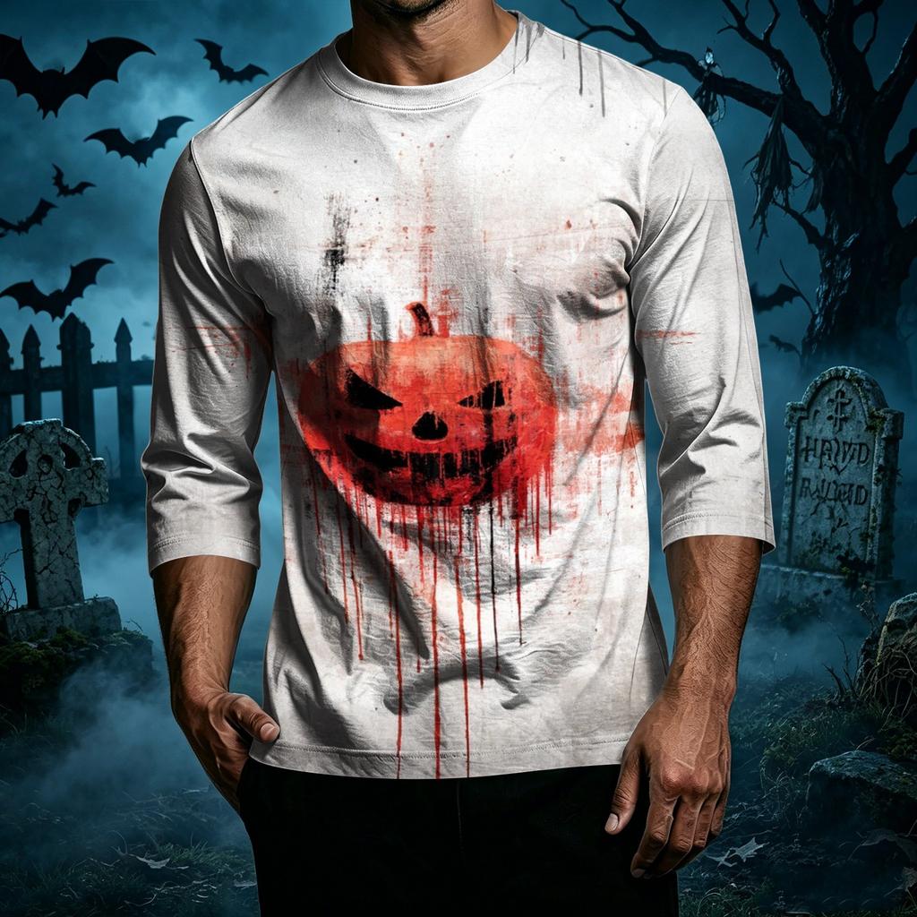 Men Casual Halloween Printed Crew Neck Three Quarter Sleeve T Shirt Comfortable Fit Soft Fabric Novelty Top for Holiday