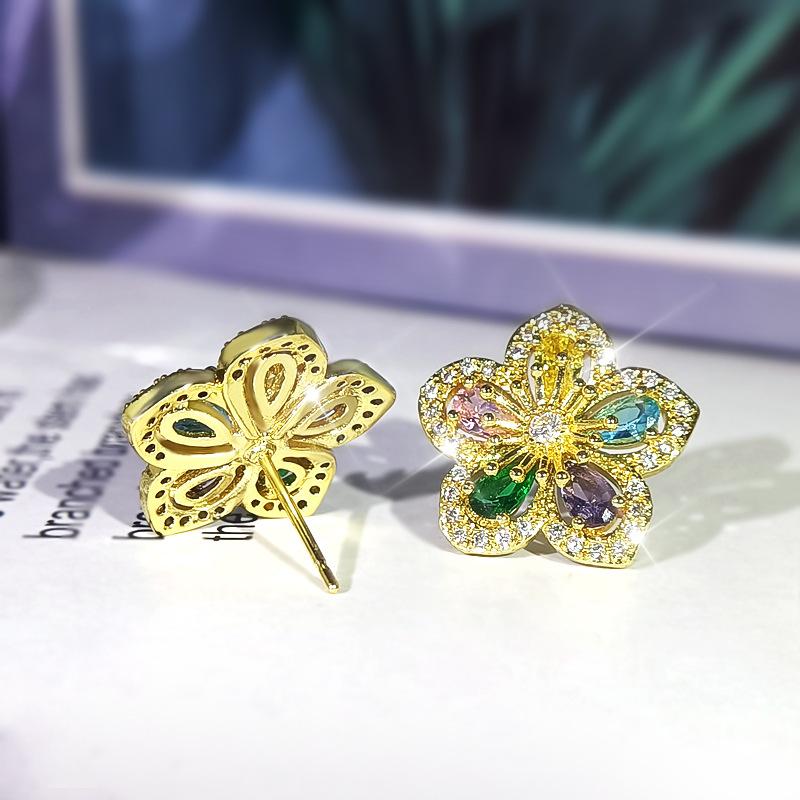 Natural Topaz Flower Stud Earrings  Color Needles Exquisite Craftsmanship Diamond Bizuteria Tone  Jewelry Aros Mujer Oreja