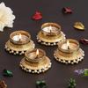 Set of 4 Golden & White Round Shaped Beaded Decorative Tea Light Candle Holders for Home Decor for Diwali, Christmas, Housewarming