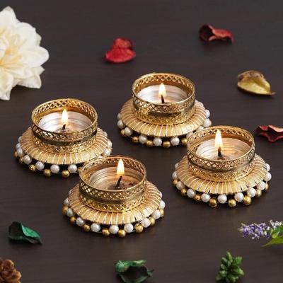 Set of 4 Golden & White Round Shaped Beaded Decorative Tea Light Candle Holders for Home Decor for Diwali, Christmas, Housewarming