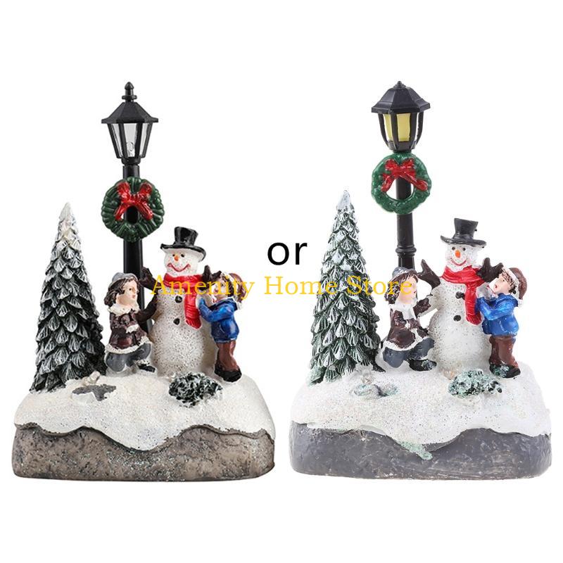 

F26C Christmas Village Scene Xmas Tree Snowman Resin Ornament with LED Light Animated Street Lamp Miniature Statue Decoration