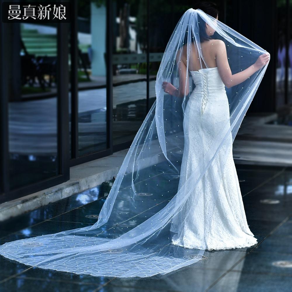 All Over Scattered Pearl Sheer Tulle Bridal Veil, Single Layer Plain Ivory Wedding Veil For Lace Satin Gown Pre-Wedding Elopement Portrait Shoot