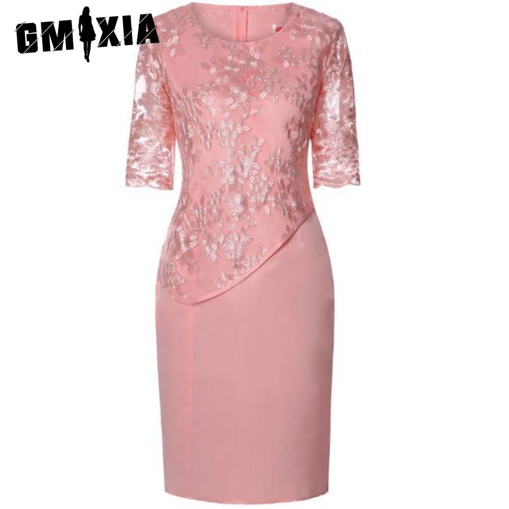 

GMXIA S-5XL Knee-length Party Dress with Lace Top and Applique on The Hem XXXXXL розовый