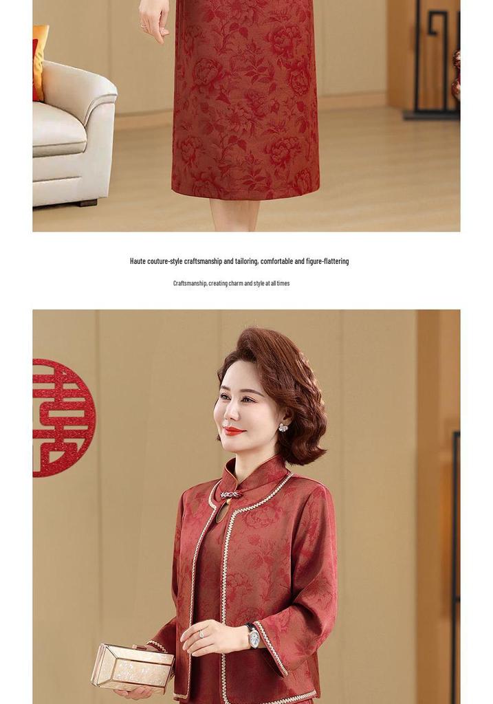 Spring/Autumn 2026 Mother-in-law Wedding Qipao - Elegant Two-Piece Medium Long Sleeve Dress
