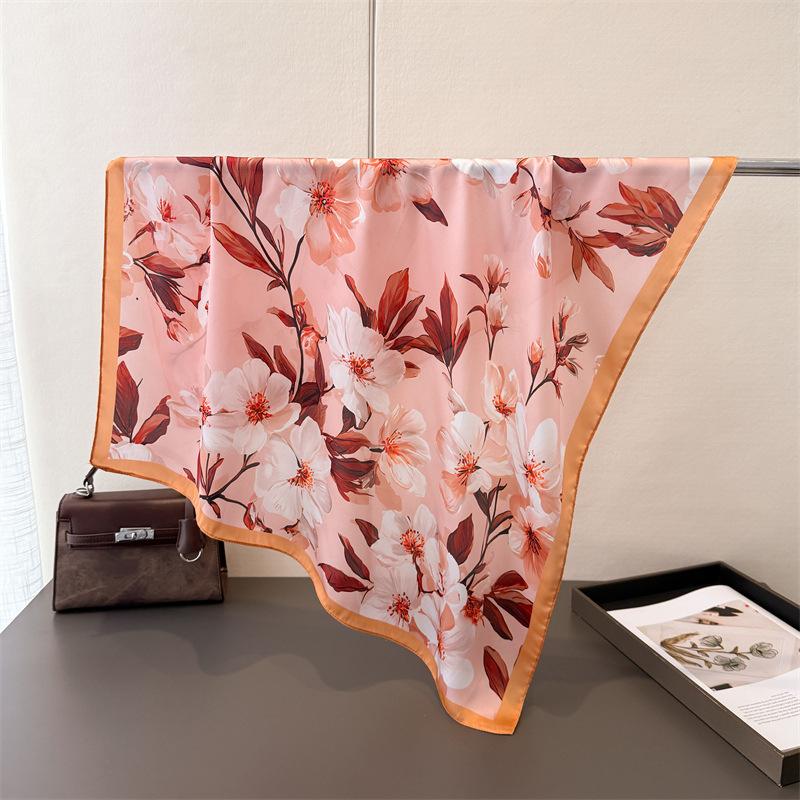 

Luxury 70Cm Square Silk Women s Scarf Flower Printed Satin Scarves Shawl Headscarf Designer Headband Bandana 70x70cm