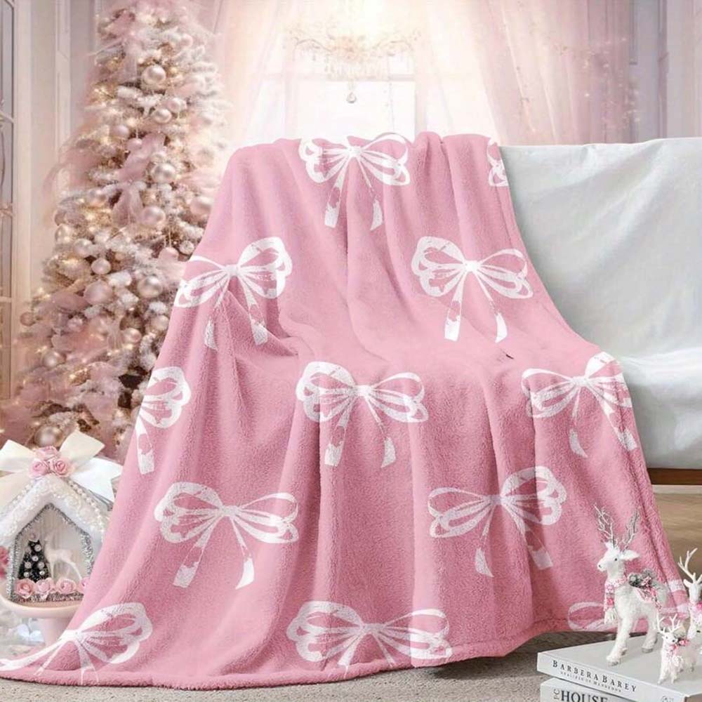 1pc Pink Coquette Bow Print Flannel Throw Blanket Soft Warm Lightweight Blanket for Couch Bed Sofa Bedroom Living Room Decor