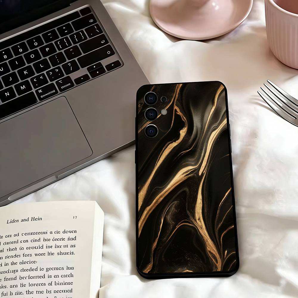 Marble Art Black Gold Phone Case Black Silicone Soft For Samsung S25,S24,S21,S22,S23,S30,Ultra,S20,Plus,Fe,Lite