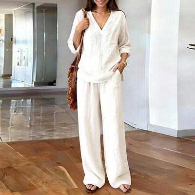 Spring New Women's Clothing, European and American Fashion Suits, Two Pieces of Solid Color V-neck Long-sleeved Trousers