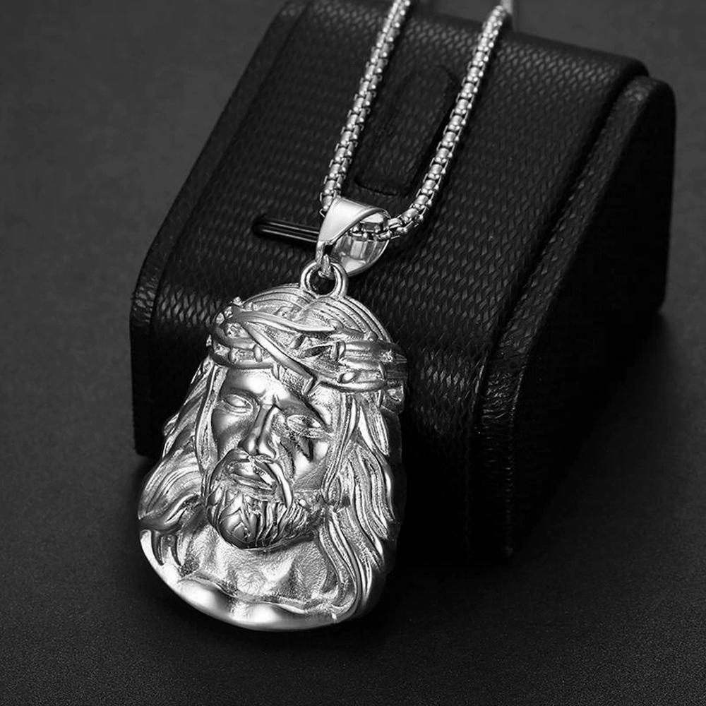 Collana Ciondolo Ritratto Placcato Oro in Acciaio Inossidabile Titanio Dio Gesù Testa Umana con Catena da 3 mm per Uomini Donne Gioielli Hip Hop