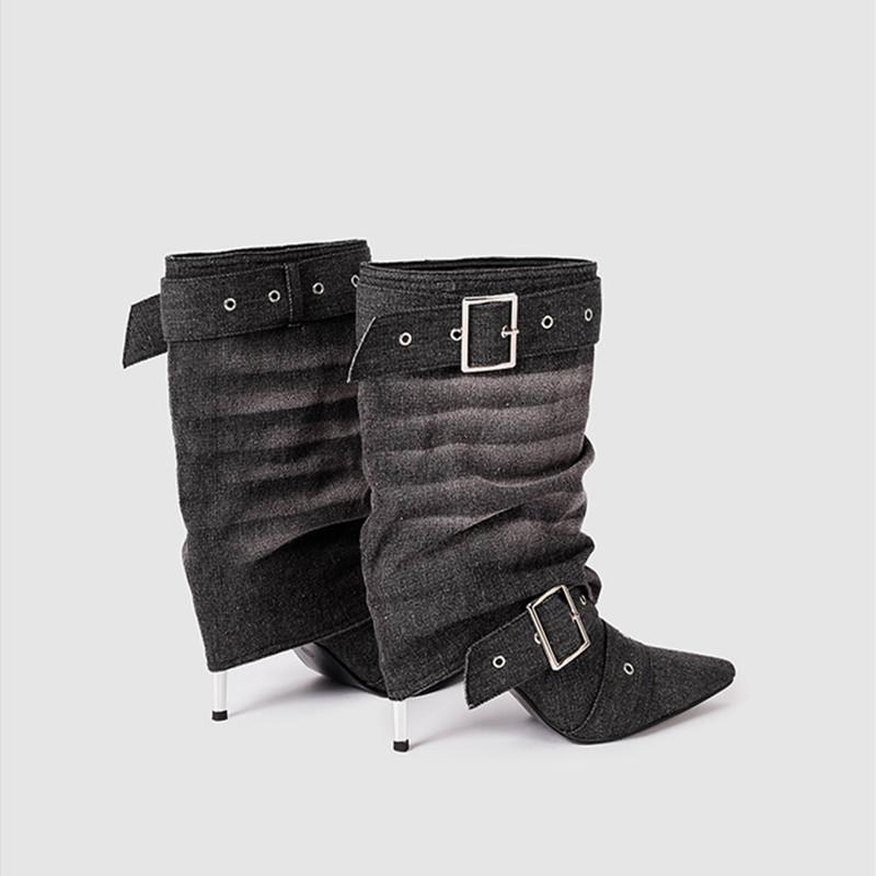 Fashion Retro Denim Rivet Strap Buckle Women Mid-calf Boots Fashion Pleated Design High Heels Autumn Winter Western Cowboy Boots Shoes