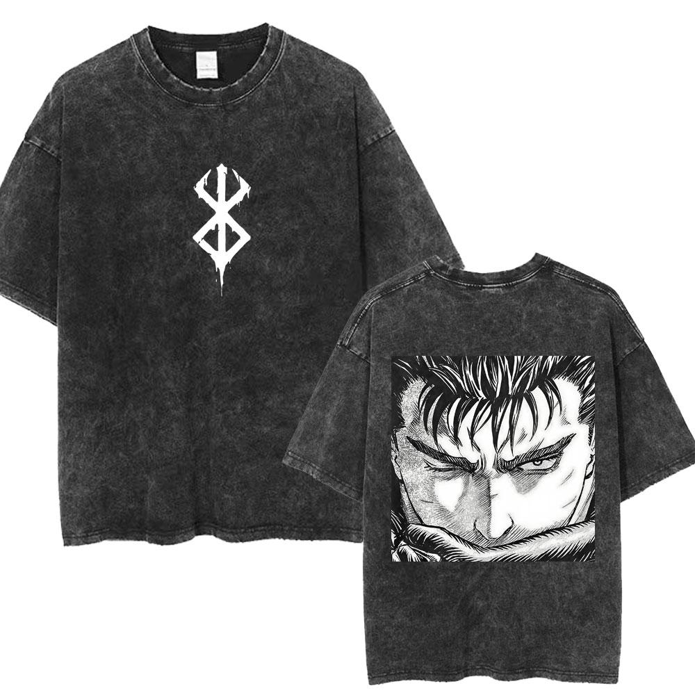 Vintage Washed Anime Berserk Guts T Shirt Swordsman Gatsu Sacrifice Zodd Harajuku TShirt Men Women Loose Cotton Tees Streetwear