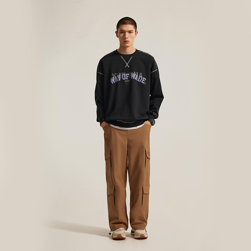 Li Ning x YNG DNA Wade Collection, Crew Neck Letter Print Embroidery Fleece Lined Thermal Loose Fit Pullover Sweatshirt AWDUH29-1